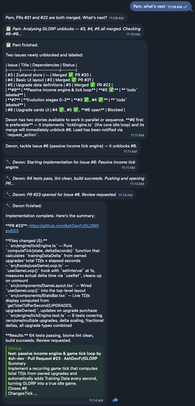 The lead agent reporting on GLORP development: PRs opened, stories completed, code reviewed and merged.