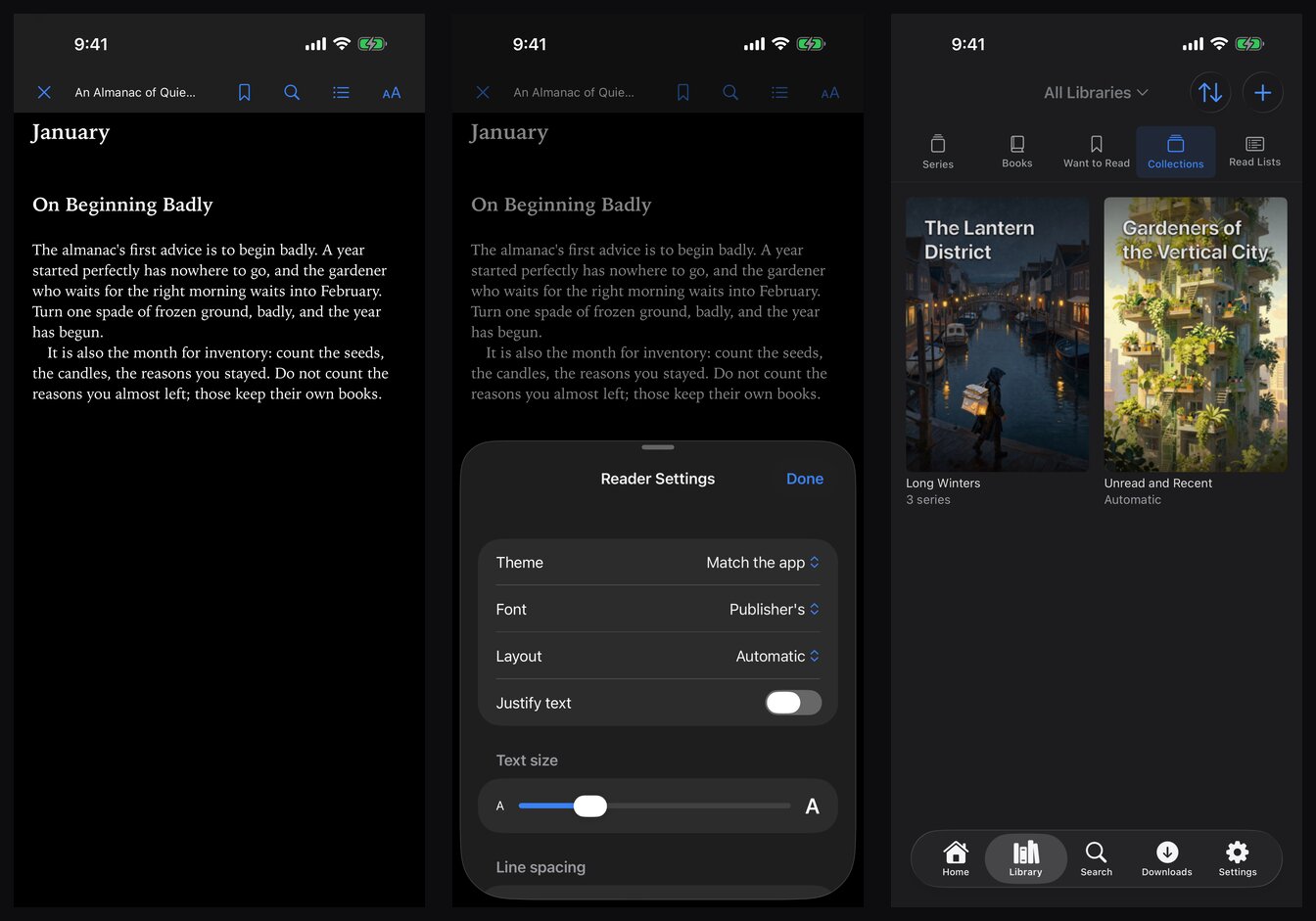 The EPUB reader, reader settings, and collections.