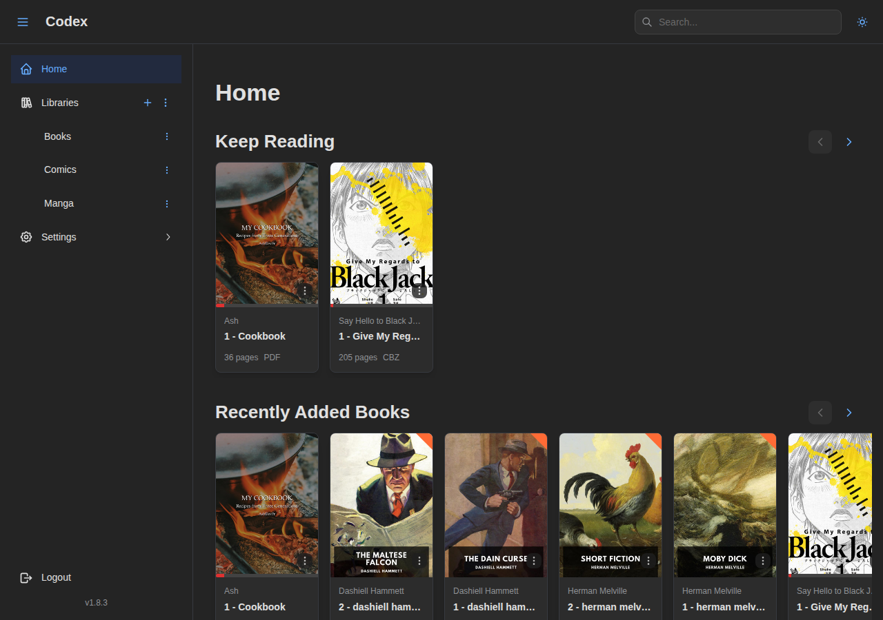 Codex home dashboard with &ldquo;Keep Reading&rdquo; and &ldquo;Recently Added&rdquo; sections