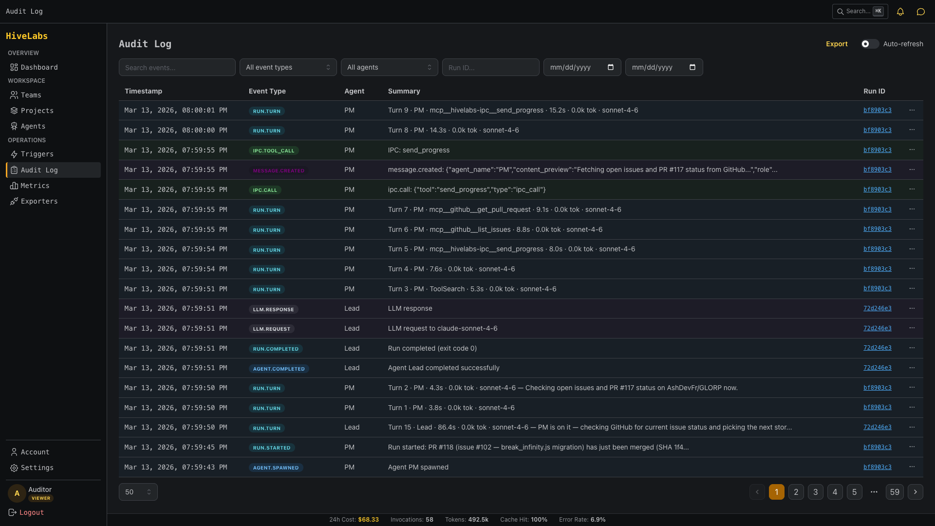 The audit log: every IPC call, agent spawn, and tool invocation with timestamps, event types, and full context.