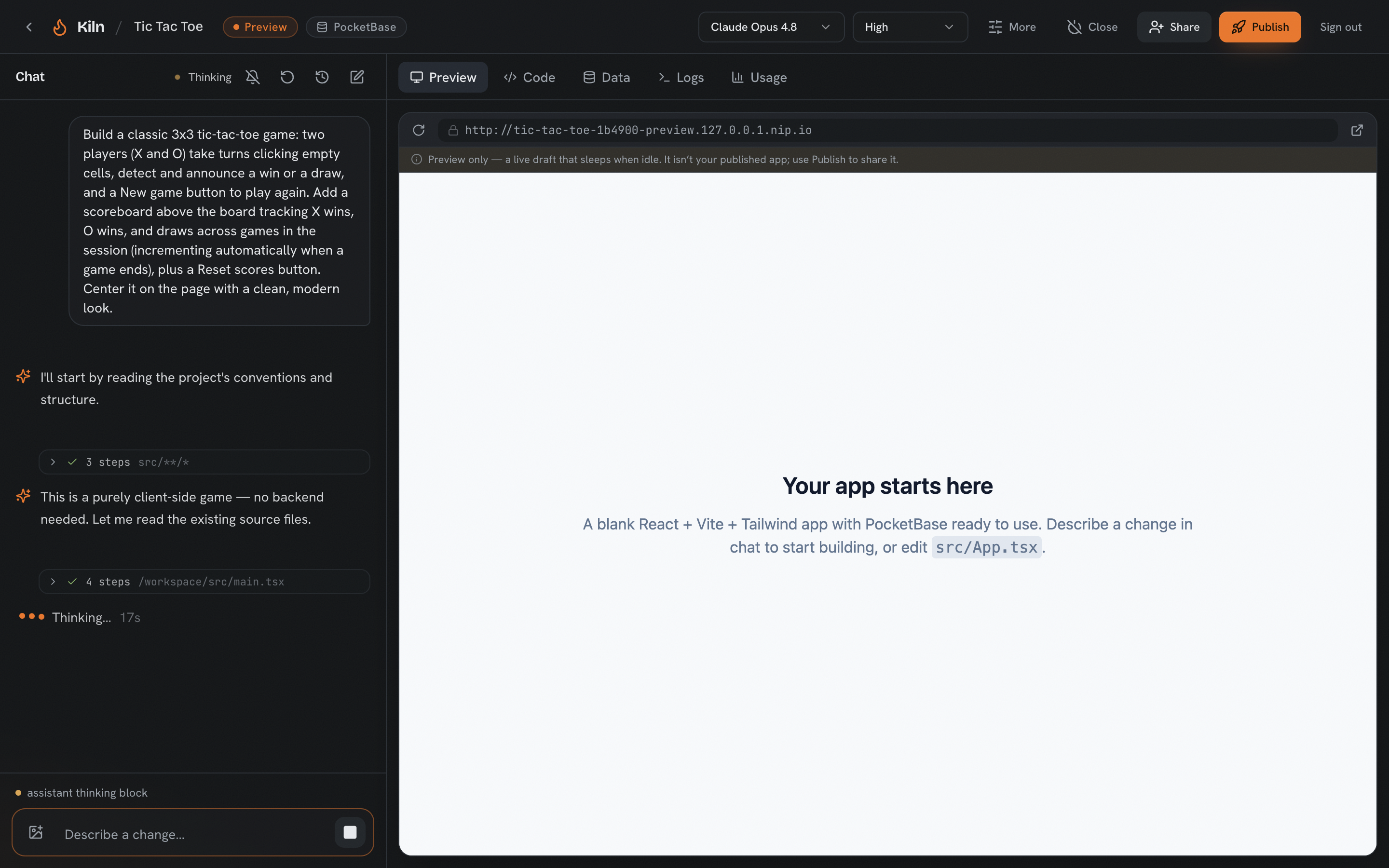 Watch it work: the agent reads the project&rsquo;s conventions and structure first, then starts editing. The prompt that kicked it off stays pinned at the top of the transcript.