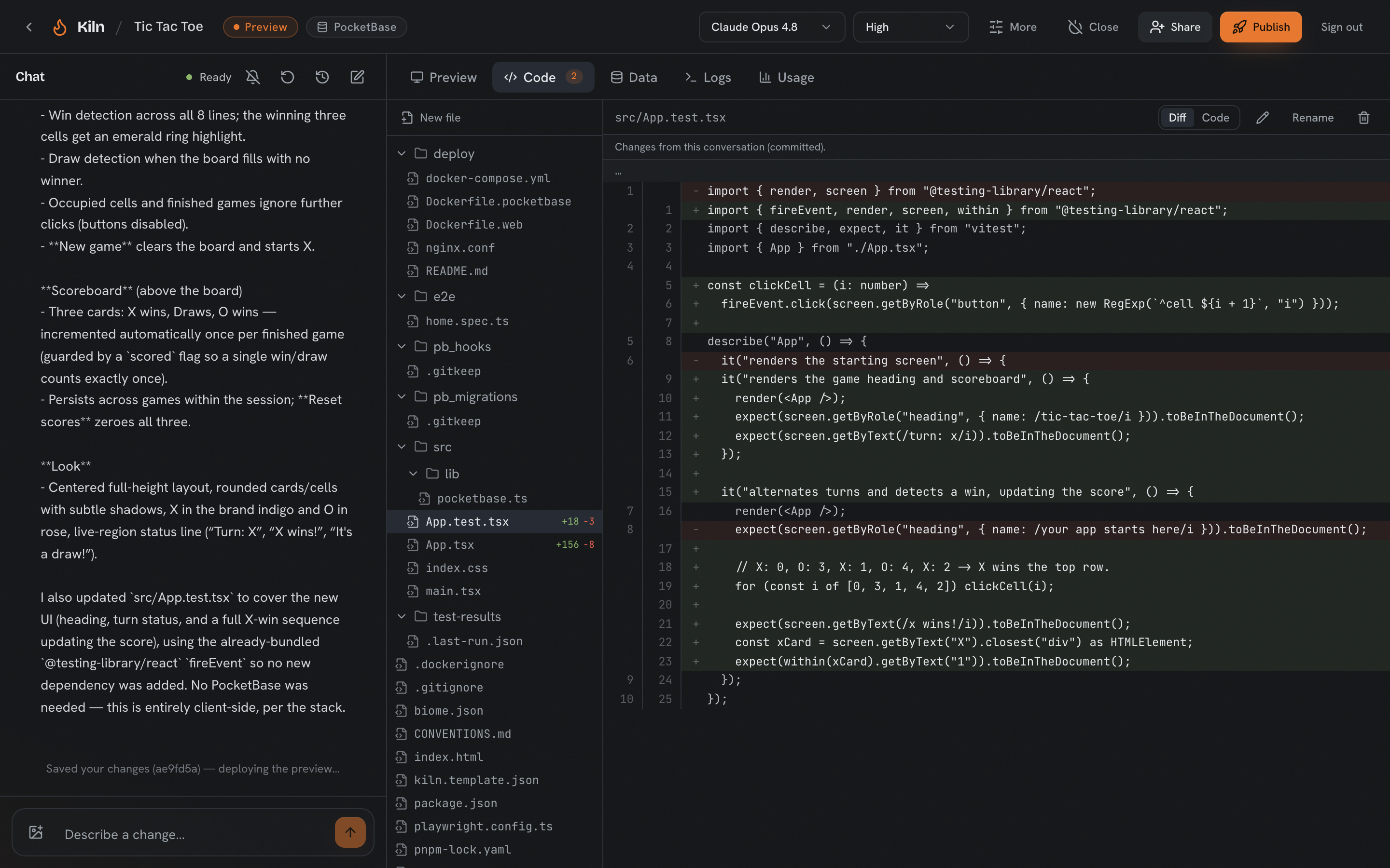 The Code tab shows the real diff from a turn: here the agent updated the app and its tests, committed, and kicked off the preview deploy. No magic hidden state.