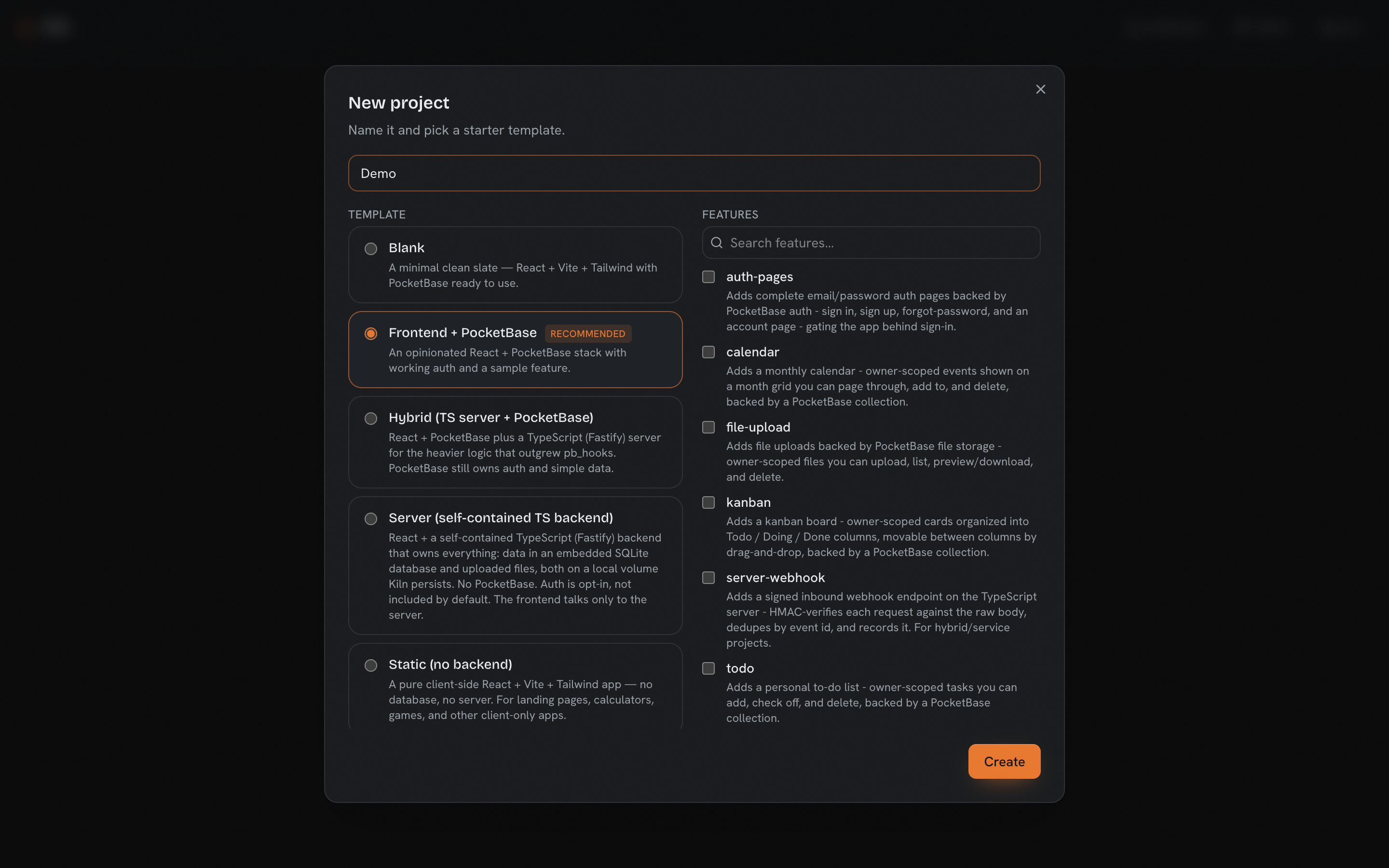 Creating a project: name it, choose a template, and toggle in additive features. The template picks the backend shape; the features scaffold real, owner-scoped functionality.