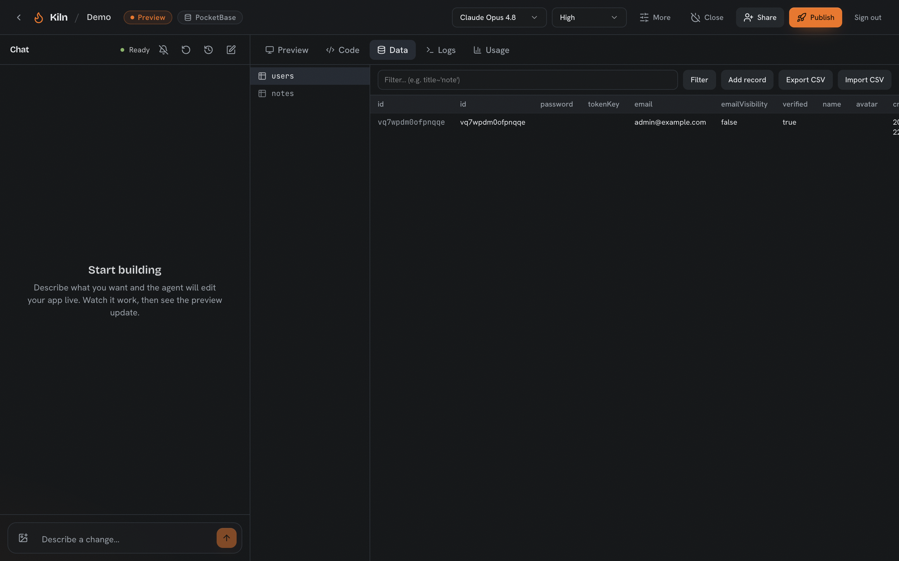 The Data tab is the project&rsquo;s PocketBase, proxied in. Browse and edit records, import CSV, all inside the workspace.