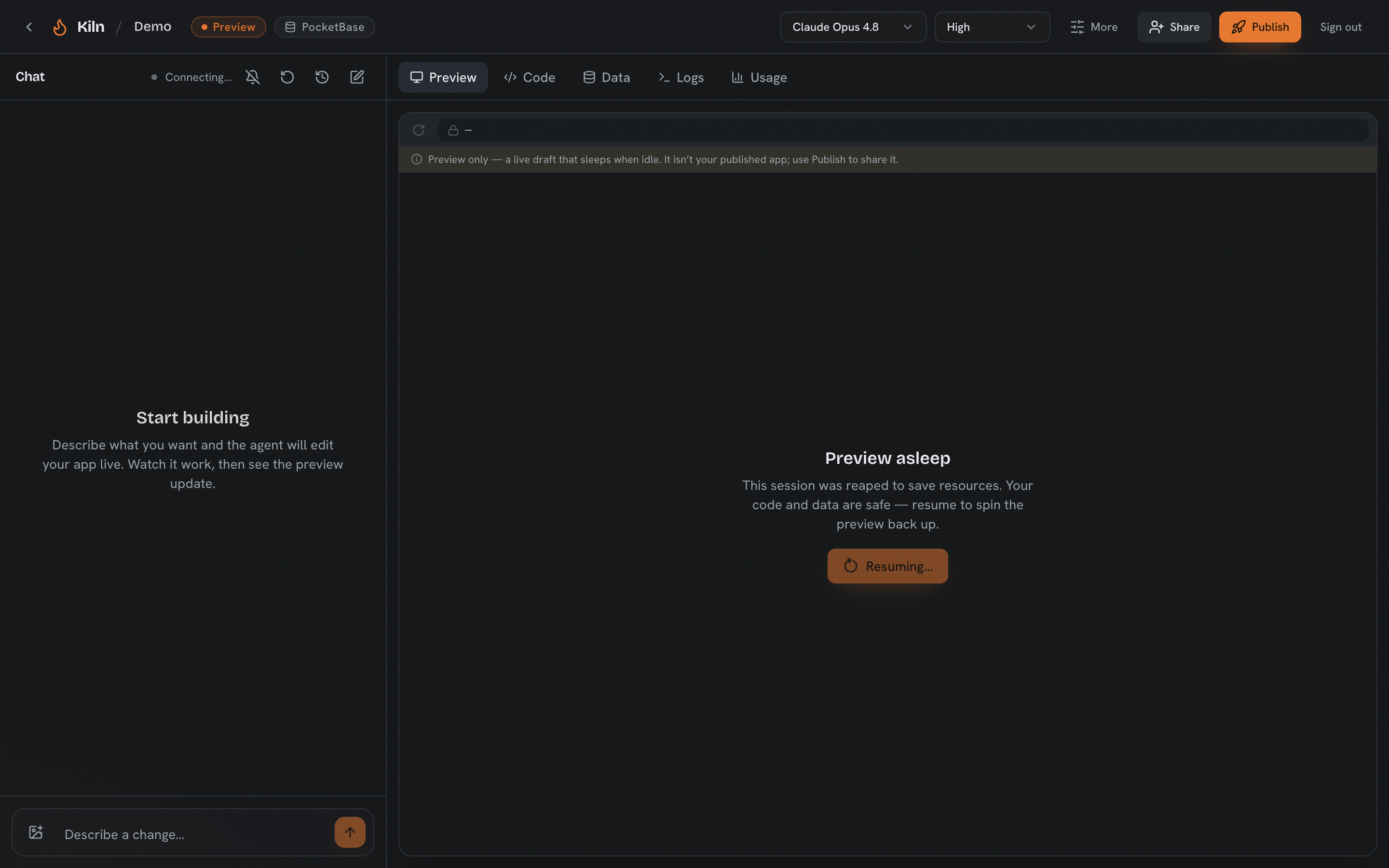 Scale-to-zero in action. An idle draft&rsquo;s preview gets reaped to save resources; your code and data are untouched, and resuming spins it back up.