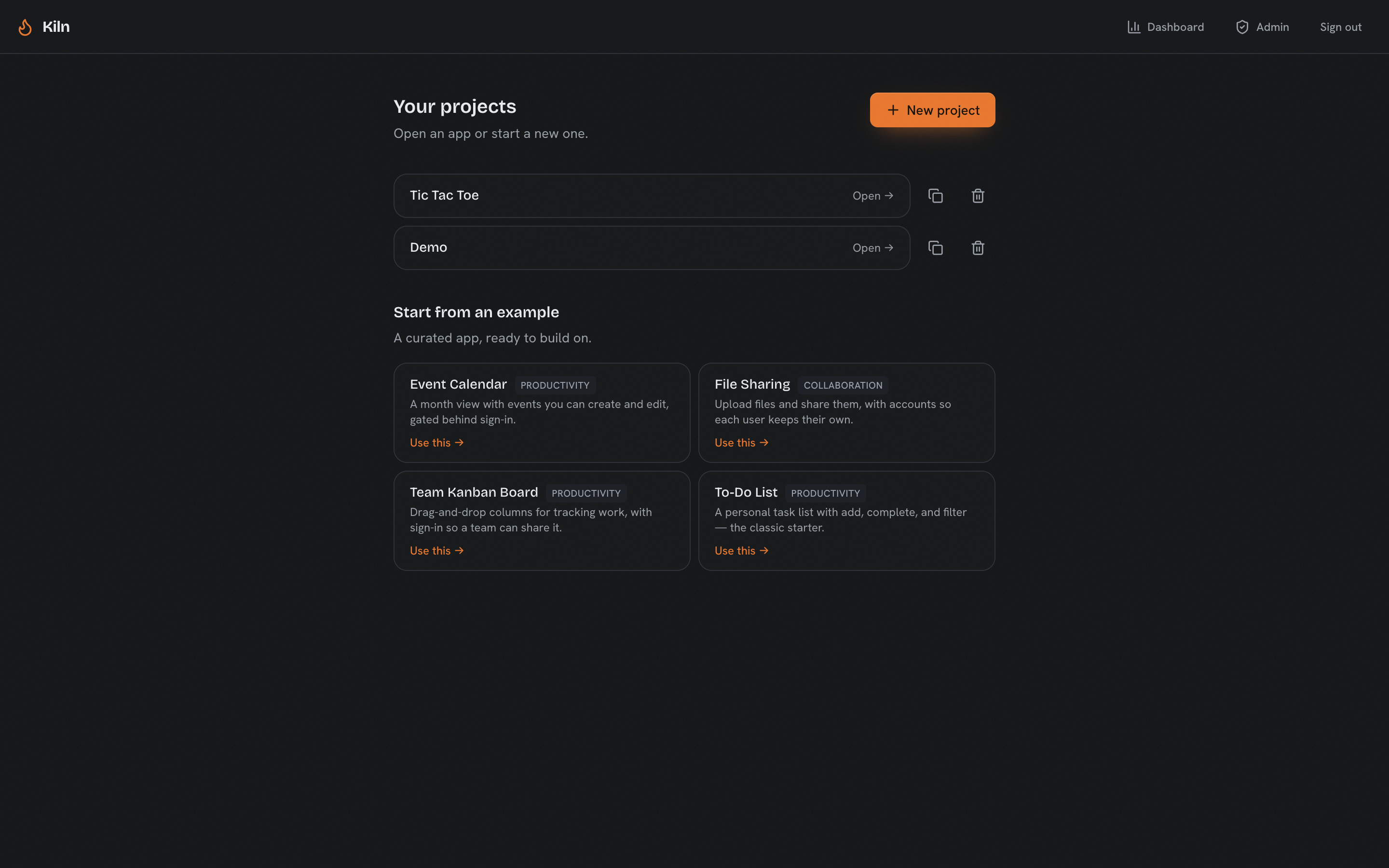 The project picker. Templates and examples seed the New Project flow so you&rsquo;re not staring at a blank prompt.
