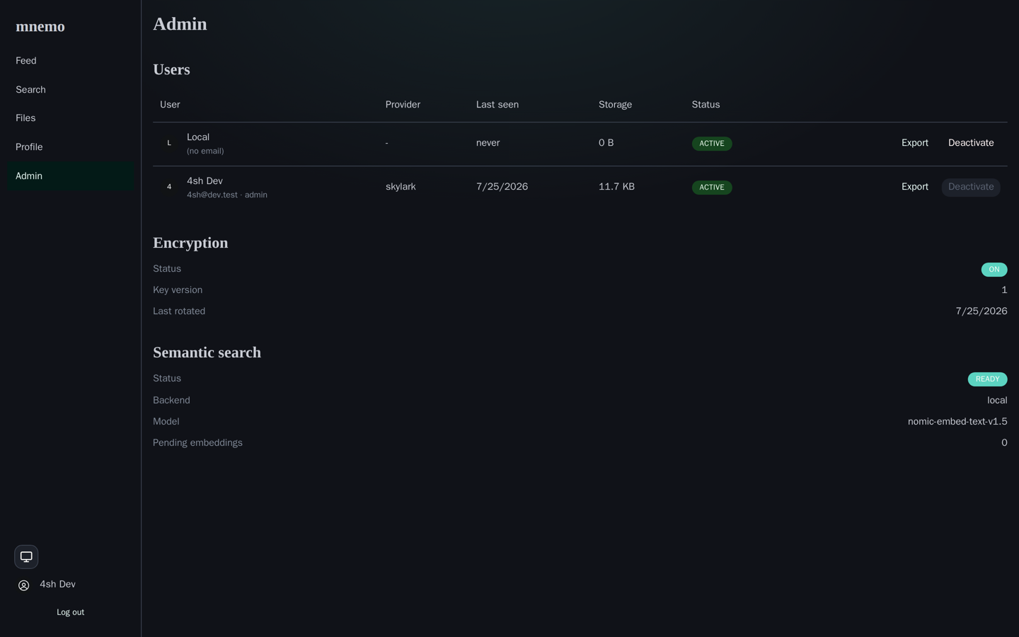 The admin view: users, encryption status and the semantic search backend.