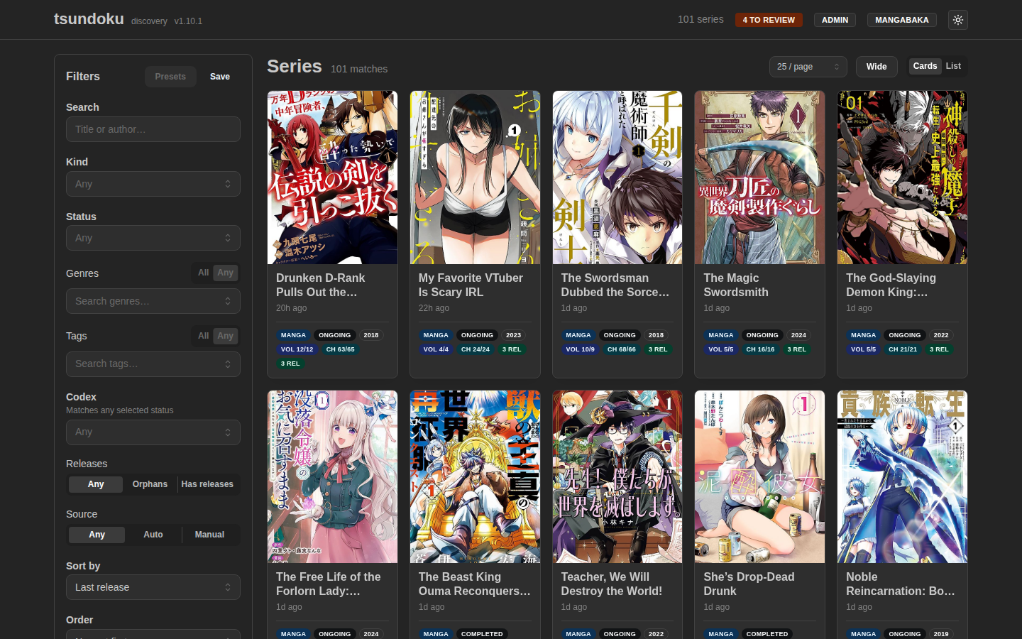 The Tsundoku feed: a browsable, filterable catalog of discovered series, each resolved from raw release titles to real metadata with covers.