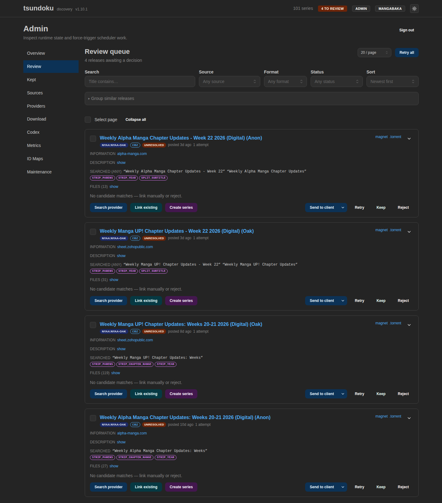 The review queue with a few releases awaiting a decision. Each row shows its extracted links, candidate matches, and the cleaned search query, with link / keep / reject / send-to-client actions inline.