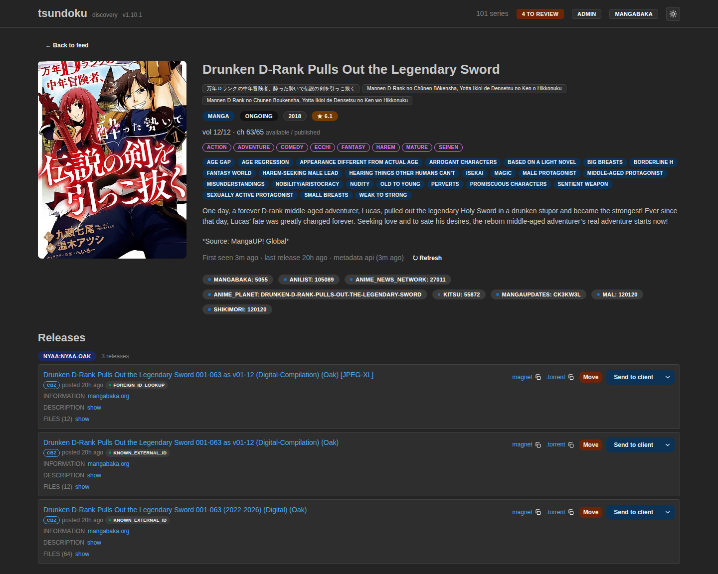 A resolved series detail page: full metadata, genres and tags, and the per-release &lsquo;Send to client&rsquo; button that pushes a release straight to the configured torrent client.