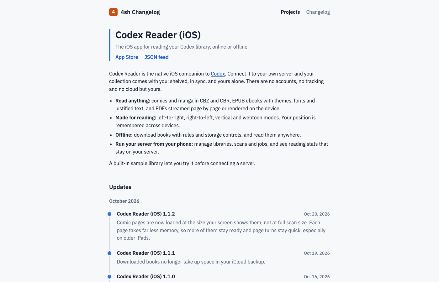 A project page: what the app is, then every update.