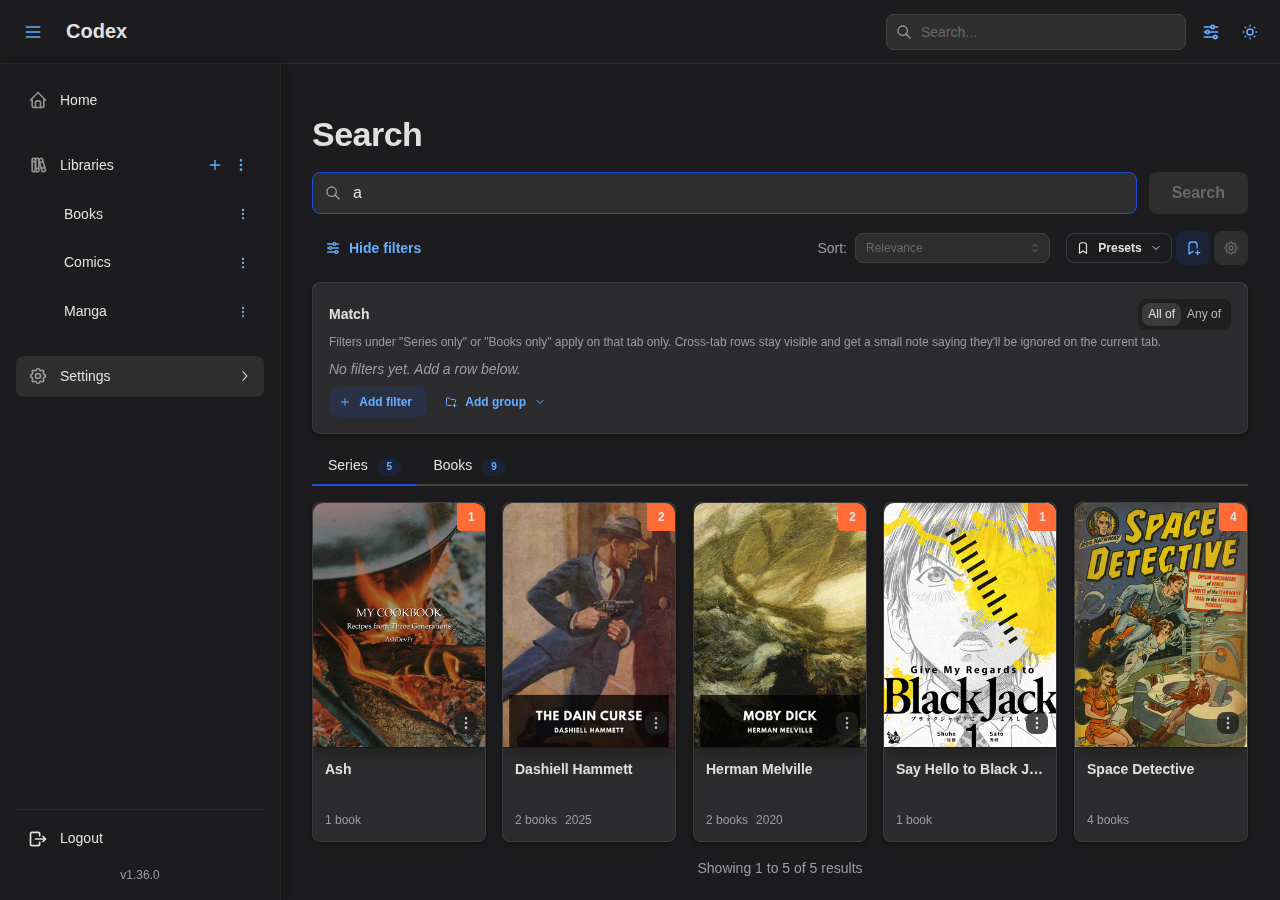 Advanced search: nested filters, presets and relevance sorting.