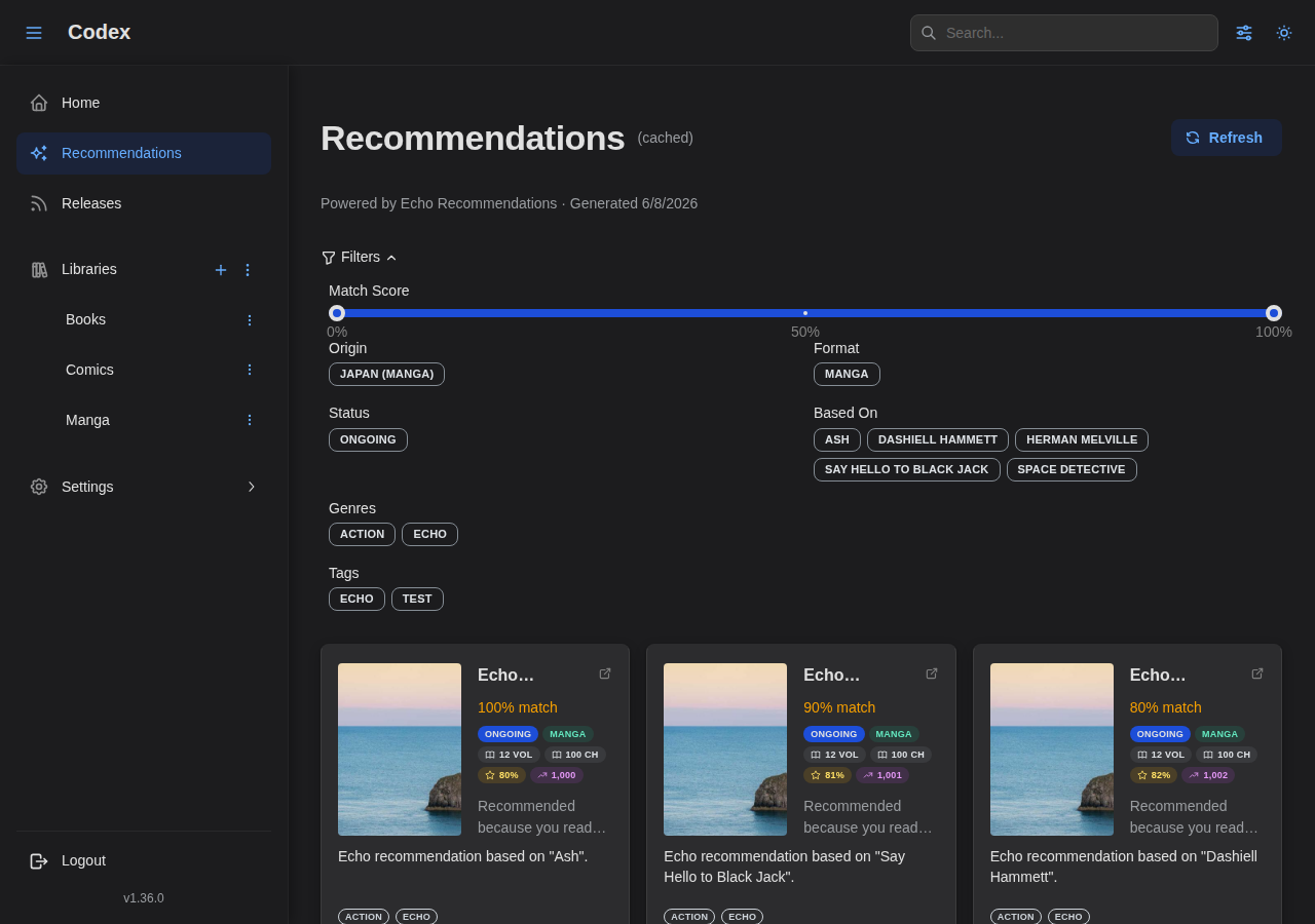 Recommendations, with per-user filters.